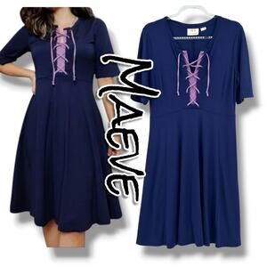Maeve by Anthropologie Renaissance Lace Up Fit & Flare Dress Blue Purple Medium